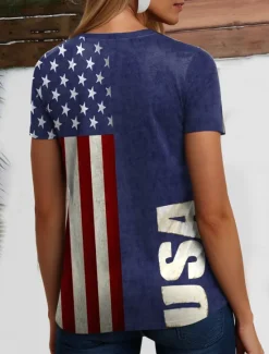 Best Women's Patriot Veteran Patriotic Blouse Flag Casual Red White And Blue Short Sleeve V Neck Regular Tops Daily Print Blue Summer Spring Women Independence Day Top