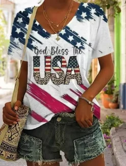 Best Women's Patriot Veteran Patriotic Blouse Flag Casual Red White And Blue Short Sleeve V Neck Regular Tops Daily Print Blue Summer Spring Women Independence Day Top
