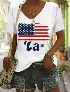 Best Women's Patriot Veteran Patriotic Blouse Flag Casual Red White And Blue Short Sleeve V Neck Regular Tops Daily Print Blue Summer Spring Women Independence Day Top