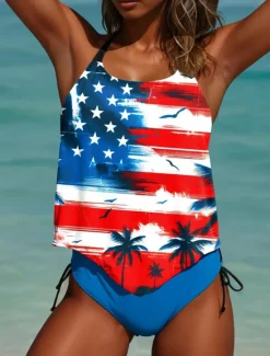Online Women's Patriot Veteran Swimsuit Patriotic Tankini 2 Piece Cheeky Swimsuit Backless Vacation Beach Wear Flag U Neck Sleeveless Bathing Suits Women Independence Day Swimwear