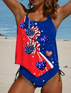 Online Women's Patriot Veteran Swimsuit Patriotic Tankini 2 Piece Cheeky Swimsuit Backless Vacation Beach Wear Flag U Neck Sleeveless Bathing Suits Women Independence Day Swimwear