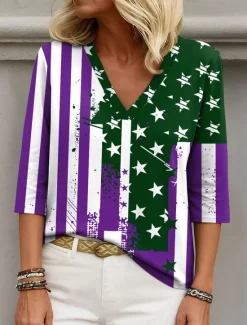 Online Women's Patriotic Blouse Graphic Flag Elegant Stylish Casual 3/4 Length Sleeve V Neck Regular Tops Daily Holiday Going out Print Navy Blue Summer Spring Women Independence Day Top