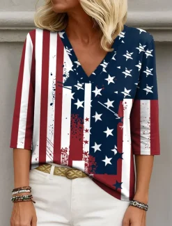 Online Women's Patriotic Blouse Graphic Flag Elegant Stylish Casual 3/4 Length Sleeve V Neck Regular Tops Daily Holiday Going out Print Navy Blue Summer Spring Women Independence Day Top