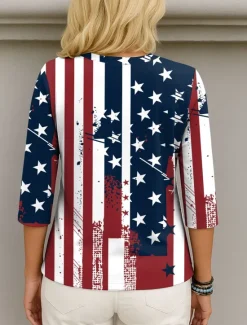 Online Women's Patriotic Blouse Graphic Flag Elegant Stylish Casual 3/4 Length Sleeve V Neck Regular Tops Daily Holiday Going out Print Navy Blue Summer Spring Women Independence Day Top