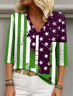 Online Women's Patriotic Blouse Graphic Flag Elegant Stylish Casual 3/4 Length Sleeve V Neck Regular Tops Daily Holiday Going out Print Navy Blue Summer Spring Women Independence Day Top