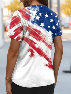 New Women's Patriotic Blouse Flag Casual Red White And Short Sleeve V Neck Regular Tops Daily Print Summer Spring Women Independence Day Top