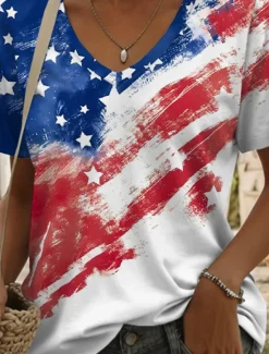 New Women's Patriotic Blouse Flag Casual Red White And Short Sleeve V Neck Regular Tops Daily Print Summer Spring Women Independence Day Top