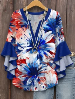 Best Women's Patriotic Blouse Layered Ruffle Sleeve Tops Graphic Flag Bohemia Vintage Ethnic 3/4 Length Sleeve V Neck Tops Daily Holiday Vacation Wear Print Red Royal Women Independence Day Top