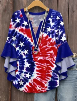 Best Women's Patriotic Blouse Layered Ruffle Sleeve Tops Graphic Flag Bohemia Vintage Ethnic 3/4 Length Sleeve V Neck Tops Daily Holiday Vacation Wear Print Red Royal Women Independence Day Top