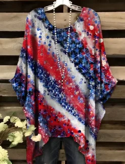 Discount Women's Patriotic Blouse Graphic Flag Elegant Vintage Daily Short Sleeve Batwing Sleeve Crew Neck Daily Holiday Vacation Wear Denim Blue Red Royal Blue Blue Green Women Independence Day Top