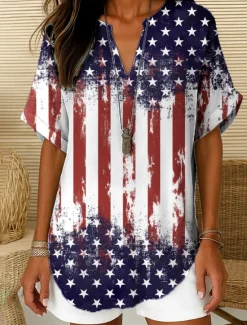 Sale Women's Patriotic Blouse Ombre Heart Flag Elegant Daily Stylish Short Sleeve V Neck Notched Neck Regular Tops Work Daily Holiday White Red Blue Summer Women Independence Day Top