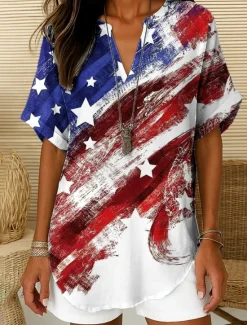 Sale Women's Patriotic Blouse Ombre Heart Flag Elegant Daily Stylish Short Sleeve V Neck Notched Neck Regular Tops Work Daily Holiday White Red Blue Summer Women Independence Day Top
