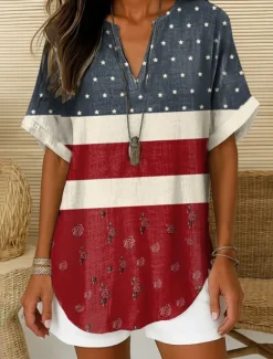 Clearance Women's Patriotic Blouse Ombre Graphic Flag Elegant Vintage Tropical Short Sleeve V Neck Notched Neck Regular Tops Daily Holiday White Red Navy Blue Blue Sky Blue Women Independence Day Top