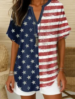 Clearance Women's Patriotic Blouse Ombre Graphic Flag Elegant Vintage Tropical Short Sleeve V Neck Notched Neck Regular Tops Daily Holiday White Red Navy Blue Blue Sky Blue Women Independence Day Top