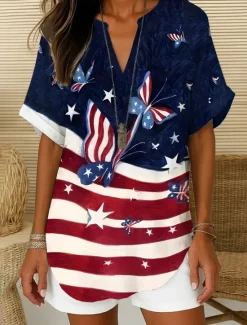 Clearance Women's Patriotic Blouse Ombre Graphic Flag Elegant Vintage Tropical Short Sleeve V Neck Notched Neck Regular Tops Daily Holiday White Red Navy Blue Blue Sky Blue Women Independence Day Top