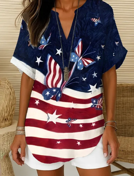 Clearance Women's Patriotic Blouse Ombre Graphic Flag Elegant Vintage Tropical Short Sleeve V Neck Notched Neck Regular Tops Daily Holiday White Red Navy Blue Blue Sky Blue Women Independence Day Top
