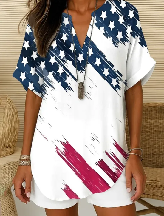 Clearance Women's Patriotic Blouse Ombre Graphic Flag Elegant Vintage Tropical Short Sleeve V Neck Notched Neck Regular Tops Daily Holiday White Red Navy Blue Blue Sky Blue Women Independence Day Top