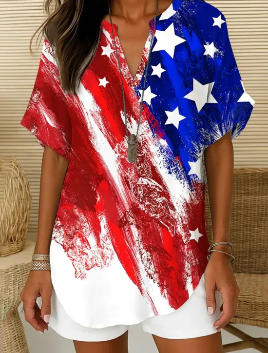 Clearance Women's Patriotic Blouse Ombre Graphic Flag Elegant Vintage Tropical Short Sleeve V Neck Notched Neck Regular Tops Daily Holiday White Red Navy Blue Blue Sky Blue Women Independence Day Top