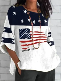 Discount Women's Patriotic Blouse Graphic Flag Bohemia Vintage Tropical 3/4 Length Sleeve Crew Neck Regular Tops Daily Holiday Vacation Wear Print Red Blue Gray Summer Spring Women Independence Day Top