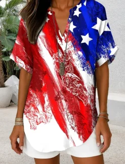 Hot Women's Patriotic Blouse Graphic Flag Vintage Daily Stylish Short Sleeve V Neck Regular Tops Daily Holiday Denim Blue Red Blue Dusty Blue Summer Spring Women Independence Day Top