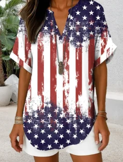 Hot Women's Patriotic Blouse Graphic Flag Vintage Daily Stylish Short Sleeve V Neck Regular Tops Daily Holiday Denim Blue Red Blue Dusty Blue Summer Spring Women Independence Day Top