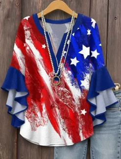 Hot Women's Patriotic Blouse Layered Ruffle Sleeve Tops Graphic Flag Bohemia Vintage Ethnic 3/4 Length Sleeve V Neck Regular Tops Daily Print White Red Blue Fall Women Independence Day Top