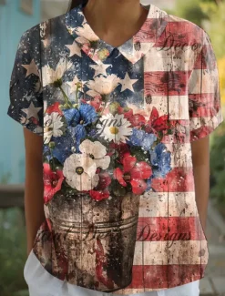 Hot Women's Patriotic Blouse Graphic Flag Stylish Casual Short Sleeve Shirt Collar Regular Tops Work Daily Print Yellow Red Blue Summer Spring Women Independence Day Top