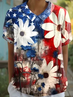 Hot Women's Patriotic Blouse Graphic Flag Stylish Casual Short Sleeve Shirt Collar Regular Tops Work Daily Print Yellow Red Blue Summer Spring Women Independence Day Top