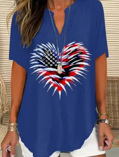 Best Women's Patriotic Blouse Graphic Flag Vintage Stylish Modern Short Sleeve V Neck Regular Tops Daily Black White Pink Red Blue Summer Spring Women Independence Day Top