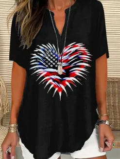 Best Women's Patriotic Blouse Graphic Flag Vintage Stylish Modern Short Sleeve V Neck Regular Tops Daily Black White Pink Red Blue Summer Spring Women Independence Day Top