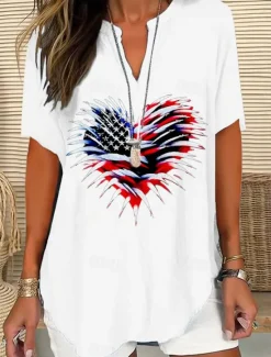 Best Women's Patriotic Blouse Graphic Flag Vintage Stylish Modern Short Sleeve V Neck Regular Tops Daily Black White Pink Red Blue Summer Spring Women Independence Day Top
