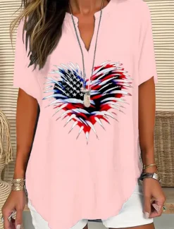 Best Women's Patriotic Blouse Graphic Flag Vintage Stylish Modern Short Sleeve V Neck Regular Tops Daily Black White Pink Red Blue Summer Spring Women Independence Day Top