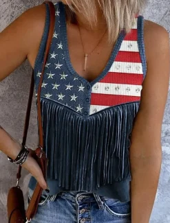 Online Women's Patriotic Camisole Tank Top Flag Stylish Western Casual Sleeveless Sleeveless V Neck Crop Tops Daily Print Red Blue Purple Summer Spring Women Independence Day Top