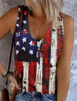 Discount Women's Patriotic Camisole Tank Top Flag Trendy Rock Beach Sleeveless Sleeveless V Neck Regular Tops Daily Club Uniforms Going out Yellow Blue Sky Blue Women Independence Day Top