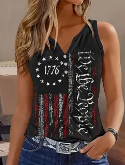 New Women's Patriotic Camisole Tank Top Flag Daily Stylish Sleeveless Notched Neck Regular Tops Daily Holiday Buttons Print Summer Women Independence Day Top