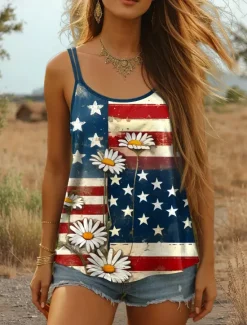 Outlet Women's Patriotic Camisole Tank Top Graphic Flag Vintage Stylish Casual Sleeveless Scoop Neck Regular Tops Daily Holiday Print White Red Blue Summer Spring Women Independence Day Top