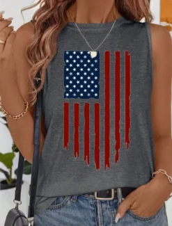 Sale Women's Patriotic Camisole Tank Top Graphic Flag Vintage Tropical Daily Sleeveless Crew Neck Regular Tops Daily Holiday White Dark Gray Beige Summer Spring Women Independence Day Top