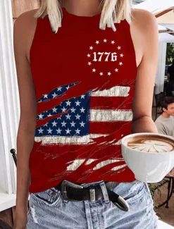 Women's Patriotic Camisole Tank Top Graphic Flag Daily Stylish Casual Sleeveless Crew Neck Regular Tops Daily Holiday White Red Blue Summer Spring Women Independence Day Top