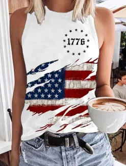 Women's Patriotic Camisole Tank Top Graphic Flag Daily Stylish Casual Sleeveless Crew Neck Regular Tops Daily Holiday White Red Blue Summer Spring Women Independence Day Top
