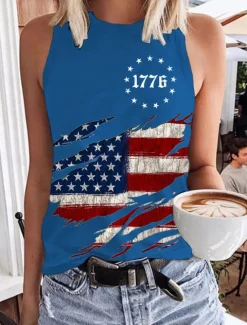 Women's Patriotic Camisole Tank Top Graphic Flag Daily Stylish Casual Sleeveless Crew Neck Regular Tops Daily Holiday White Red Blue Summer Spring Women Independence Day Top