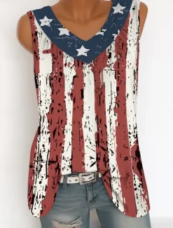 Sale Women's Patriotic Camisole Tank Top Graphic Flag Vintage Tropical Stylish Sleeveless V Neck Long Tops Daily Print Summer Spring Women Independence Day Top