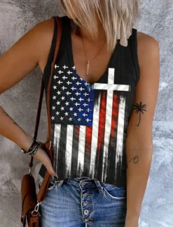 Hot Women's Patriotic Camisole Tank Top Graphic Flag Vintage Tropical Stylish Sleeveless V Neck Regular Tops Daily Print Denim Blue Black White Red Blue Summer Spring Women Independence Day Top