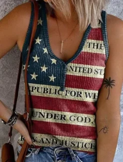Hot Women's Patriotic Camisole Tank Top Graphic Flag Vintage Tropical Stylish Sleeveless V Neck Regular Tops Daily Print Denim Blue Black White Red Blue Summer Spring Women Independence Day Top