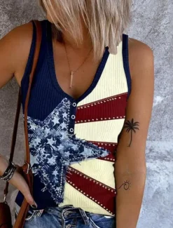 Hot Women's Patriotic Camisole Tank Top Graphic Flag Vintage Tropical Stylish Sleeveless V Neck Regular Tops Daily Print Denim Blue Black White Red Blue Summer Spring Women Independence Day Top