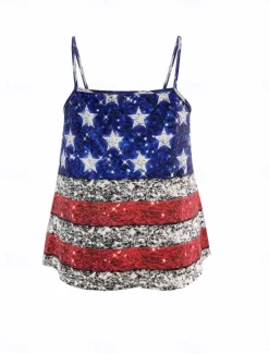 Outlet Women's Patriotic Camisole Tank Top Graphic Flag Daily Sleeveless Strap Regular Tops Daily Backless Print Summer Women Independence Day Top