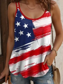 Discount Women's Patriotic Camisole Tank Top Graphic Flag Casual Sleeveless Scoop Neck Regular Tops Daily Holiday Print Yellow Wine Red Blue Summer Spring Women Independence Day Top
