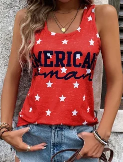Online Women's Patriotic Camisole Tank Top Graphic Polka Dot Letter Elegant Daily Hawaiian Sleeveless Crew Neck Regular Tops Daily Holiday Beach Wear Summer Spring Women Independence Day Top