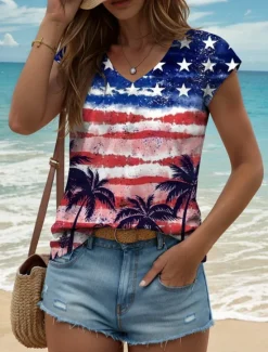 Outlet Women's Patriotic Camisole Tank Top Graphic Flag Vintage Stylish Classic Sleeveless V Neck Regular Tops Daily Print Summer Spring Women Independence Day Top