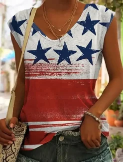 Online Women's Patriotic Camisole Tank Top Graphic Flag Stylish Casual Sleeveless V Neck Regular Tops Daily Print Summer Women Independence Day Top