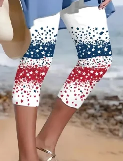 Outlet Women's Patriotic Capri Pants Leggings Vacation Vintage Fashion Calf-Length High WaistPants Star Gradient Striped Printing Breathable Soft Stretchy Outdoor Vacation Women Independence Day Bottoms|Leggings